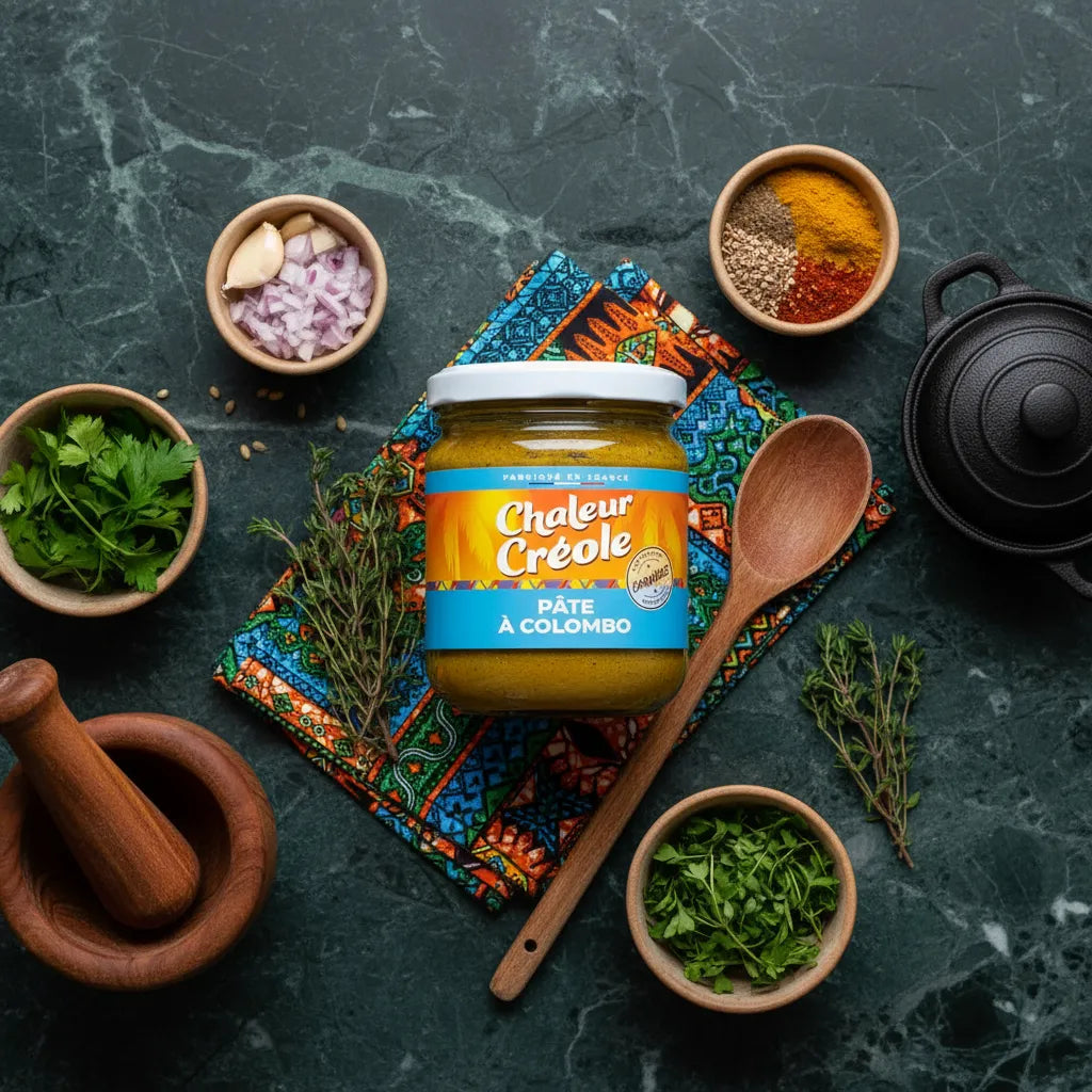 Pâte à Colombo CHALEUR CREOLE posée sur un tissu coloré, entourée d’herbes et épices. Idéale pour des recettes traditionnelles antillaises.