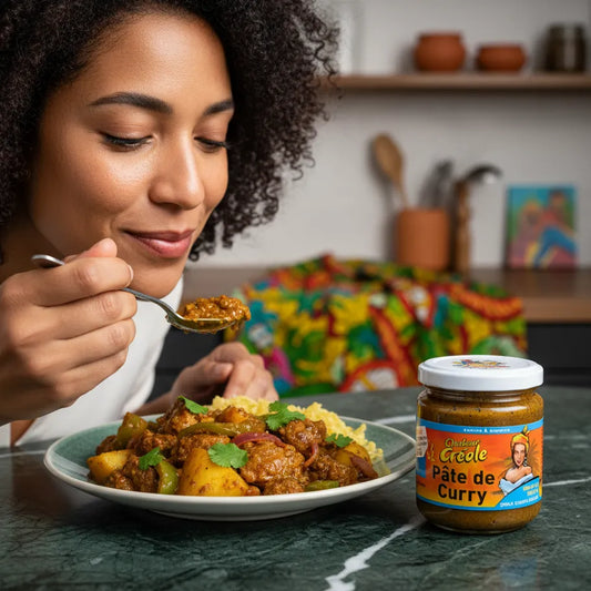 Femme dégustant un plat cuisiné avec la Pâte de Curry Chaleur Créole, accompagnée de légumes et semoule. Saveurs créoles à l'honneur.