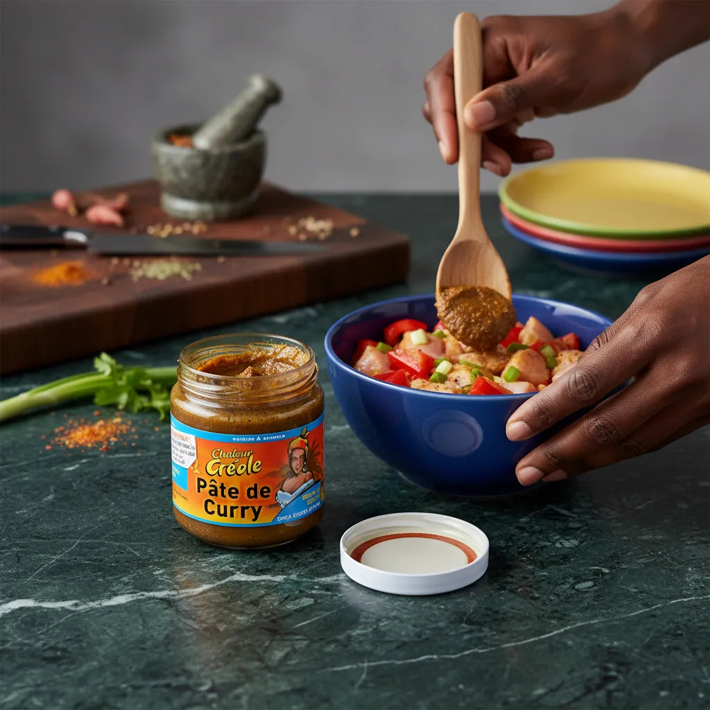 Utilisation de la Pâte de Curry Chaleur Créole dans une salade de légumes, idéale pour assaisonner plats exotiques et marinades.