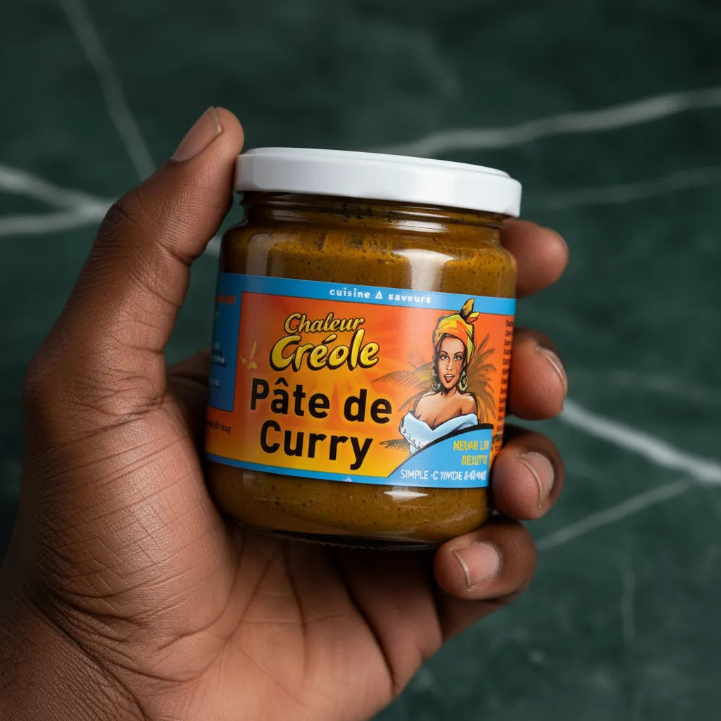 Main tenant un pot de Pâte de Curry Chaleur Créole, condiment épicé pour plats antillais. Étiquette vive et attrayante.