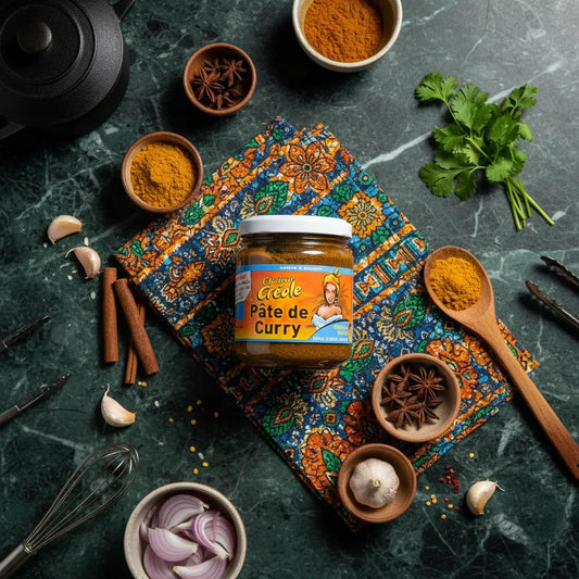 Pâte de Curry Chaleur Créole entourée d'épices comme curcuma, cannelle et ail, sur fond de tissu coloré créole. Mélange d'épices authentique.