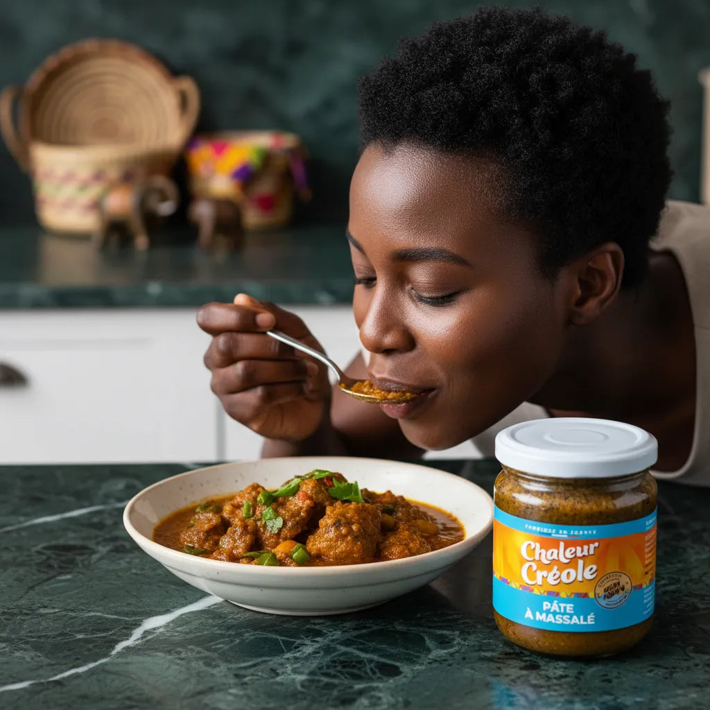 Femme dégustant un plat préparé avec la Pâte Massale CHALEUR CREOLE - Épices Authentiques et uniques, condiment créole pour plats savoureux.