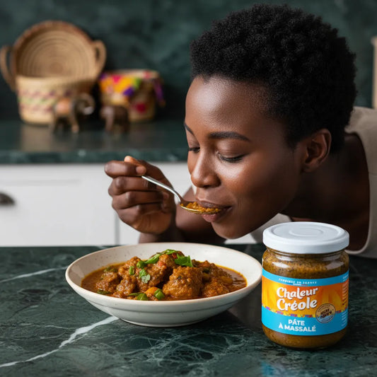 Femme dégustant un plat préparé avec la Pâte Massale CHALEUR CREOLE - Épices Authentiques et uniques, condiment créole pour plats savoureux.