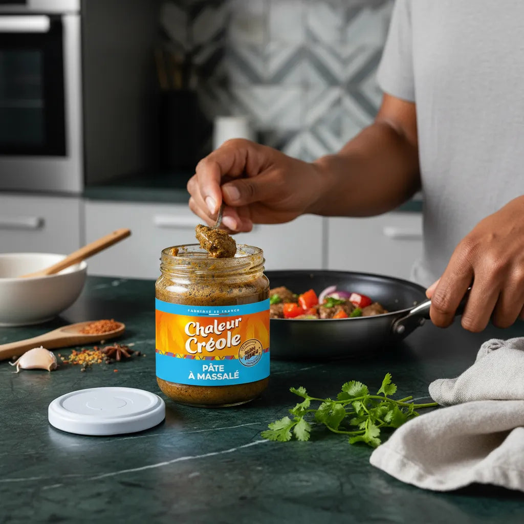 Main utilisant la Pâte Massale CHALEUR CREOLE dans une poêle - Épices Authentiques et uniques, préparation culinaire aux saveurs créoles.
