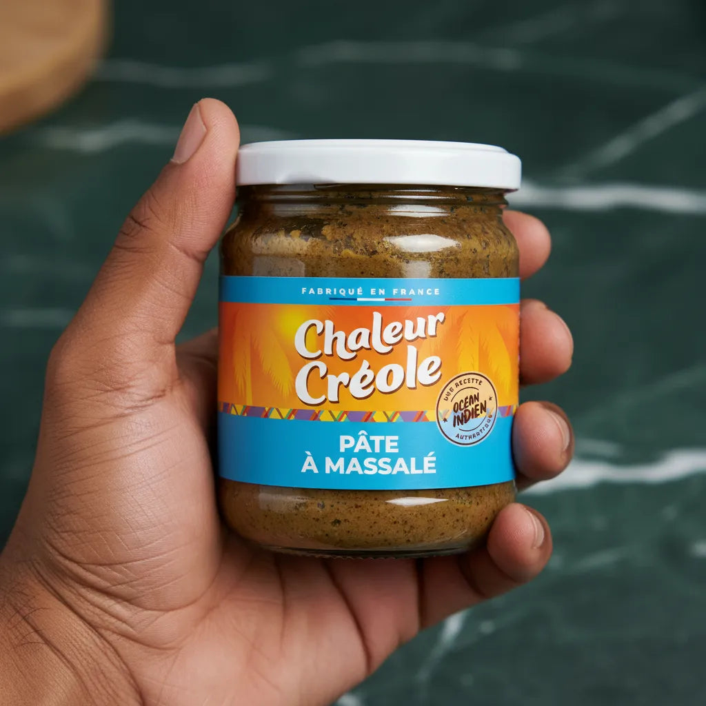 Main tenant un bocal de Pâte Massale CHALEUR CREOLE - Épices Authentiques et uniques, condiment créole prêt à l’emploi pour plats épicés.
