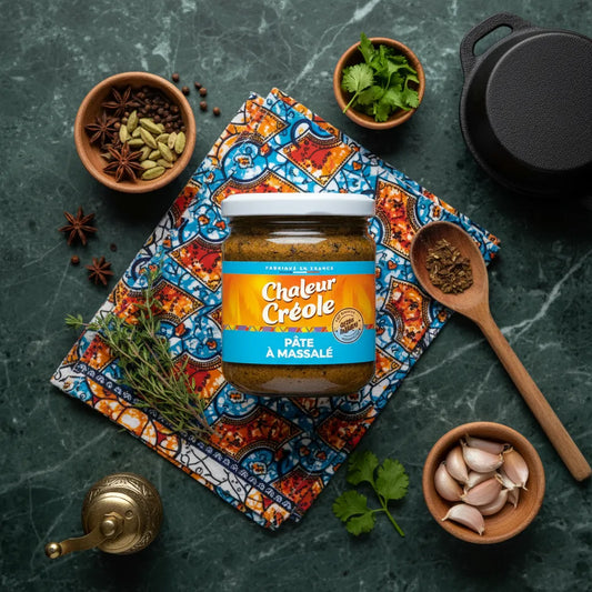 Pâte Massale CHALEUR CREOLE posée sur tissu coloré avec épices autour - Épices Authentiques et uniques, mélange créole pour cuisine parfumée.