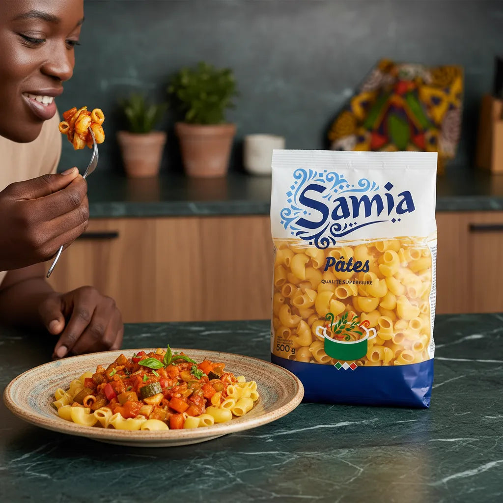 Femme dégustant un plat de pâtes gomiti n°49 Samia avec sauce tomate. Produit d'épicerie salée aux saveurs riches et authentiques.