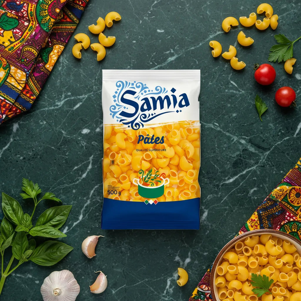 Sachet de pâtes gomiti n°49 Samia posé sur une table avec ingrédients frais. Texture unique pour recettes savoureuses d'épicerie salée.