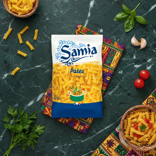 Sachet de pâtes fusilli Samia posé sur nappe colorée avec herbes et tomates. Produit d'épicerie salée parfait pour recettes méditerranéennes.