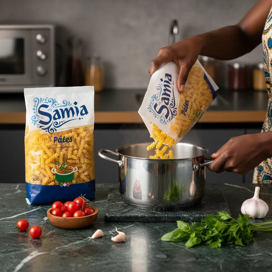Préparation de pâtes fusilli Samia versées dans une casserole. Pâtes idéales pour plats chauds et cuisine familiale.