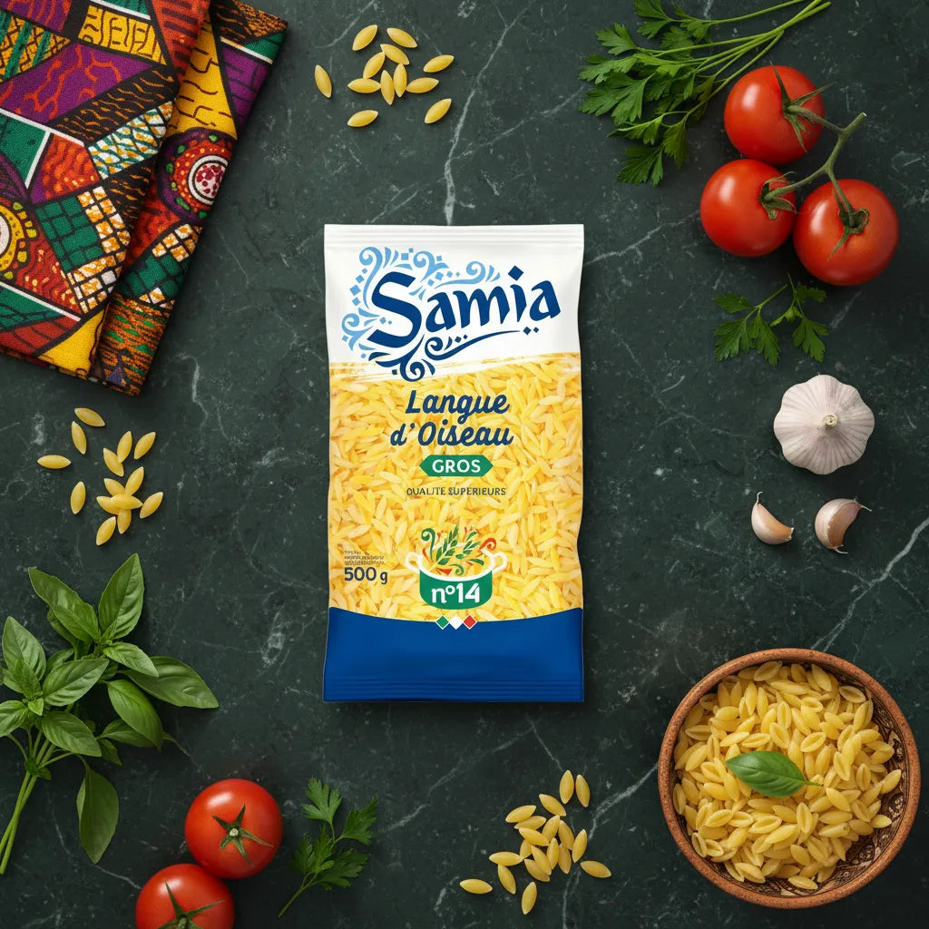 Sachet de pâtes langue oiseau SAMIA n°14 entouré d’ingrédients frais, soulignant leur usage polyvalent dans l’épicerie salée et la cuisine méditerranéenne.