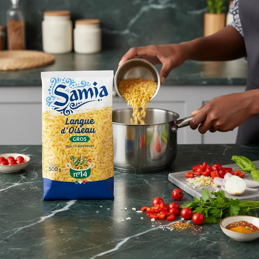 Préparation culinaire avec les pâtes langue oiseau SAMIA n°14 versées dans une casserole, parfaites pour plats savoureux et polyvalents en cuisine.