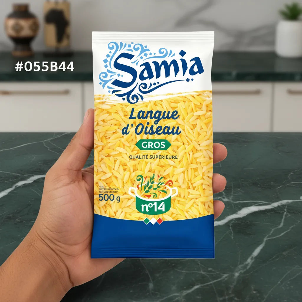 Main tenant un paquet de pâtes langue oiseau SAMIA n°14, gros format 500g, parfait pour les plats familiaux et les recettes traditionnelles savoureuses.