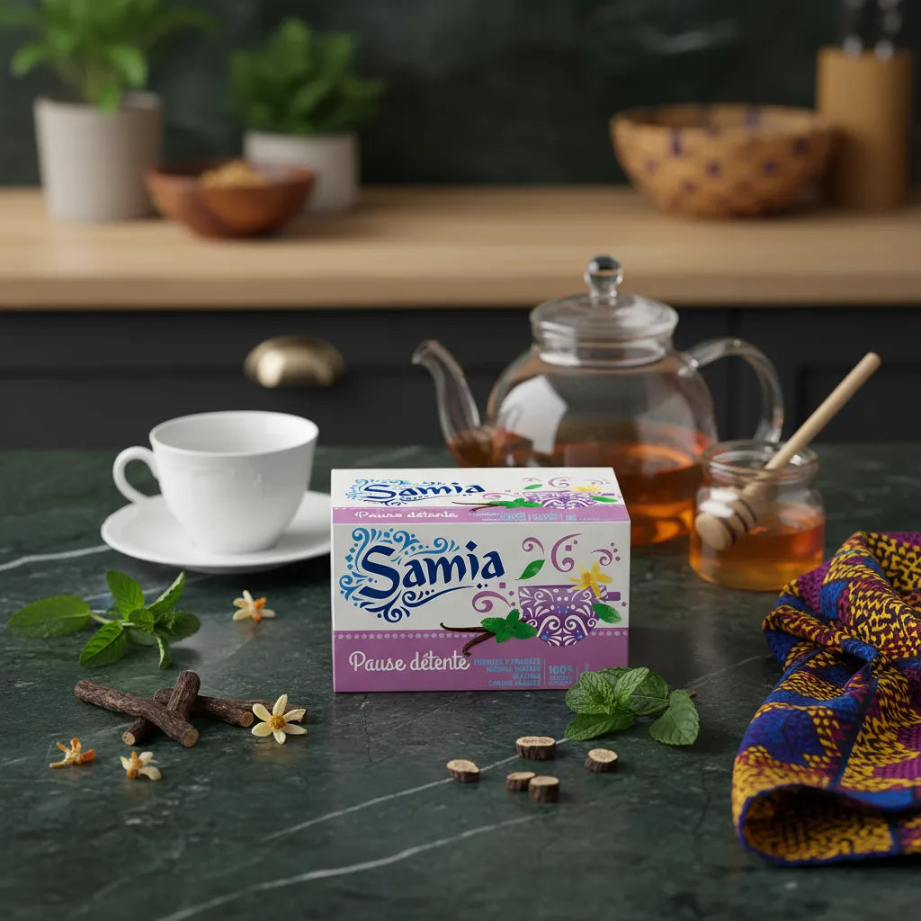 Boîte d'infusion détente SAMIA posée sur une table avec théière, tasse, miel, menthe, réglisse et fleurs, illustrant les ingrédients naturels.