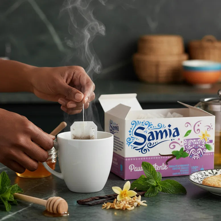 Main plongeant un sachet d'infusion détente SAMIA dans une tasse fumante, entourée d'ingrédients naturels comme menthe, vanille et réglisse.