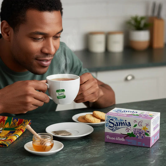 Homme dégustant une tasse d'infusion détente SAMIA avec boîte visible, accompagné de biscuits et miel, ambiance relaxante et chaleureuse.