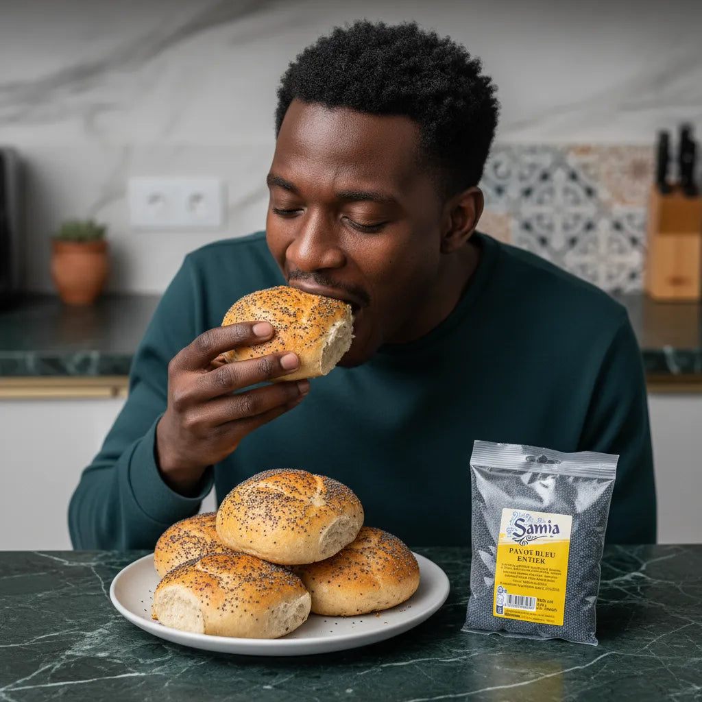 Homme dégustant des petits pains garnis de graines de pavot bleu SAMIA, illustrant un usage savoureux en cuisine équilibrée.