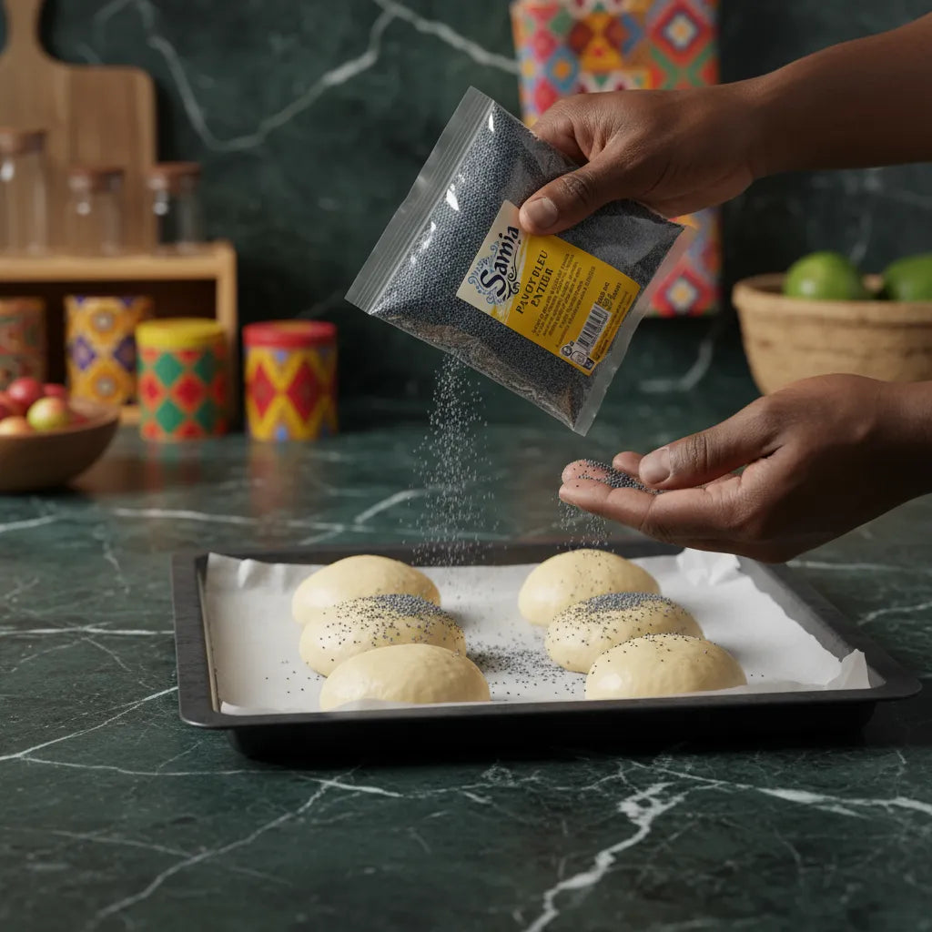 Main saupoudrant des graines de pavot bleu entier SAMIA sur des pains avant cuisson, parfait pour rehausser les saveurs.