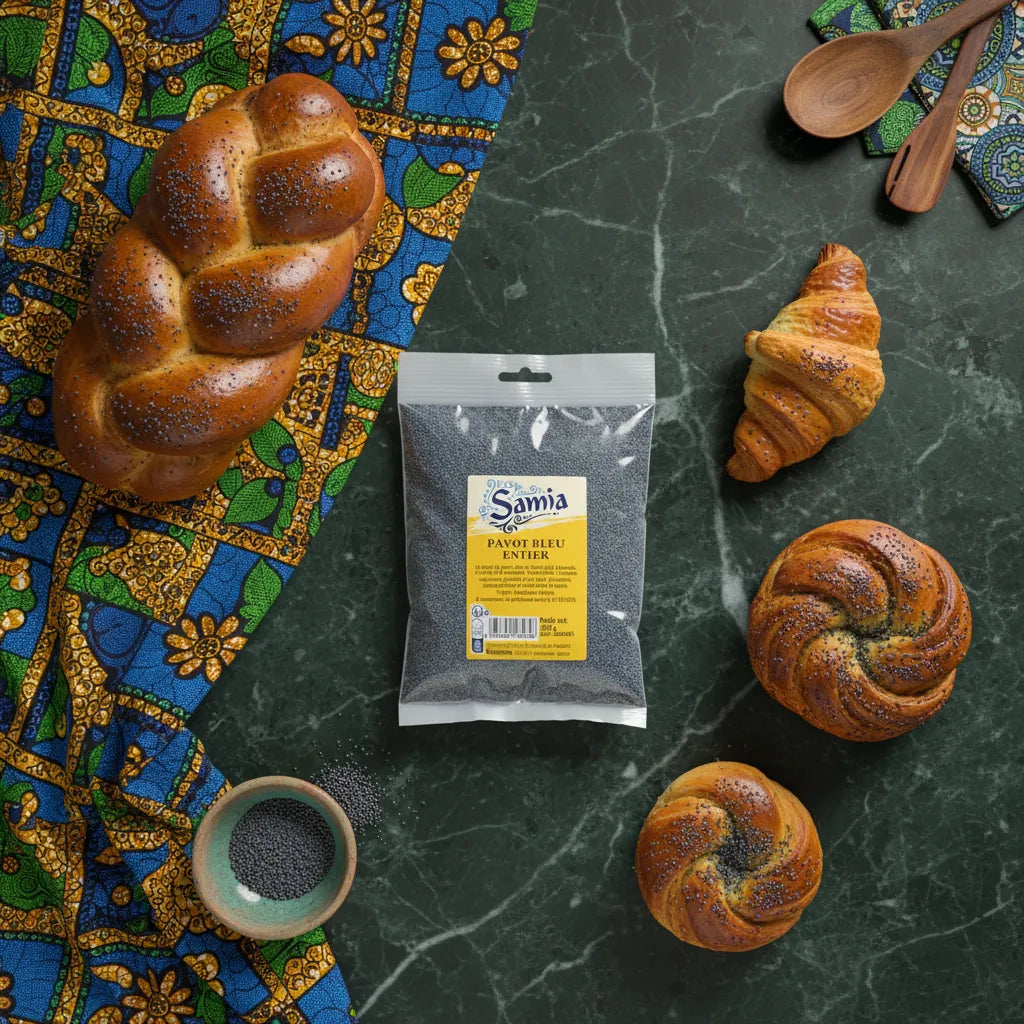 Graines de pavot bleu entier SAMIA entourées de pains et viennoiseries faits maison, idéales pour recettes salées et sucrées.