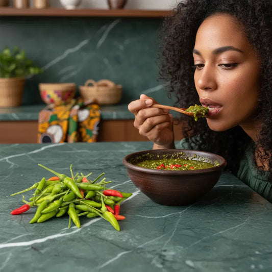 Femme dégustant une sauce verte épicée à base de piment oiseau tropical. Parfait pour rehausser les plats avec une chaleur subtile.