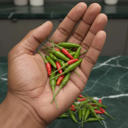 Main tenant des piments oiseau verts et rouges, variété tropicale piquante. Idéal pour ajouter une saveur intense aux plats maison.