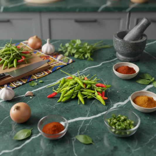 Piments oiseau frais sur planche de cuisine avec épices et herbes. Ingrédient tropical piquant pour recettes savoureuses et relevées.