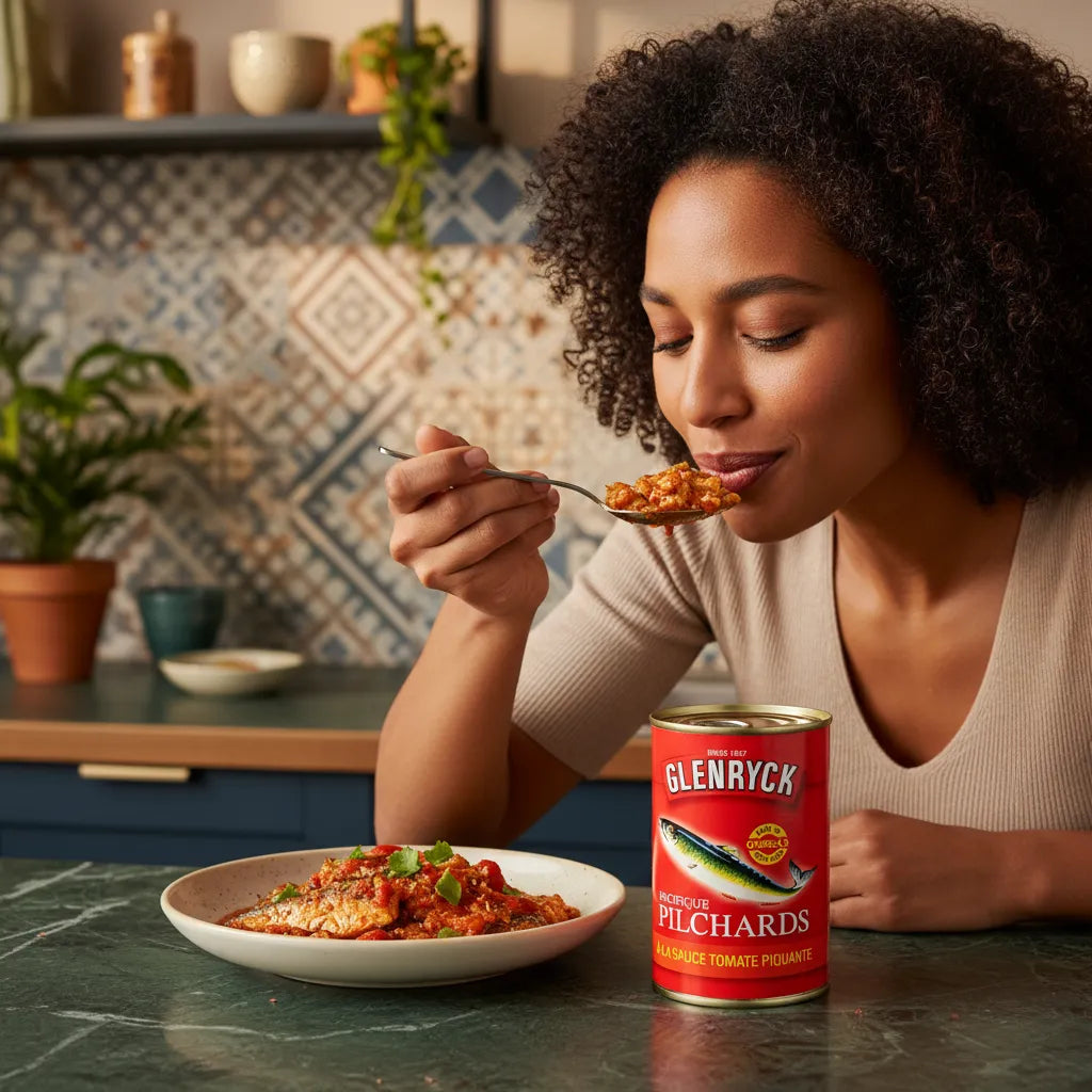 Femme dégustant un plat préparé avec les sardines Pilchard GLENRYCK à la sauce tomate piquante. Produit d'épicerie salée aux saveurs authentiques.