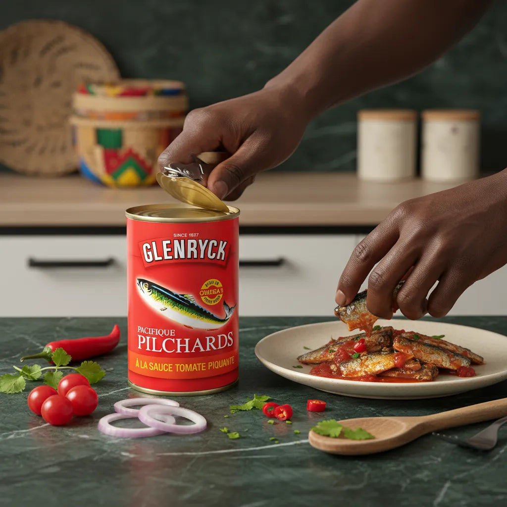 Sardines Pilchard GLENRYCK servies dans une assiette avec sauce tomate piquante. Produit d'épicerie salée parfait pour un repas savoureux.