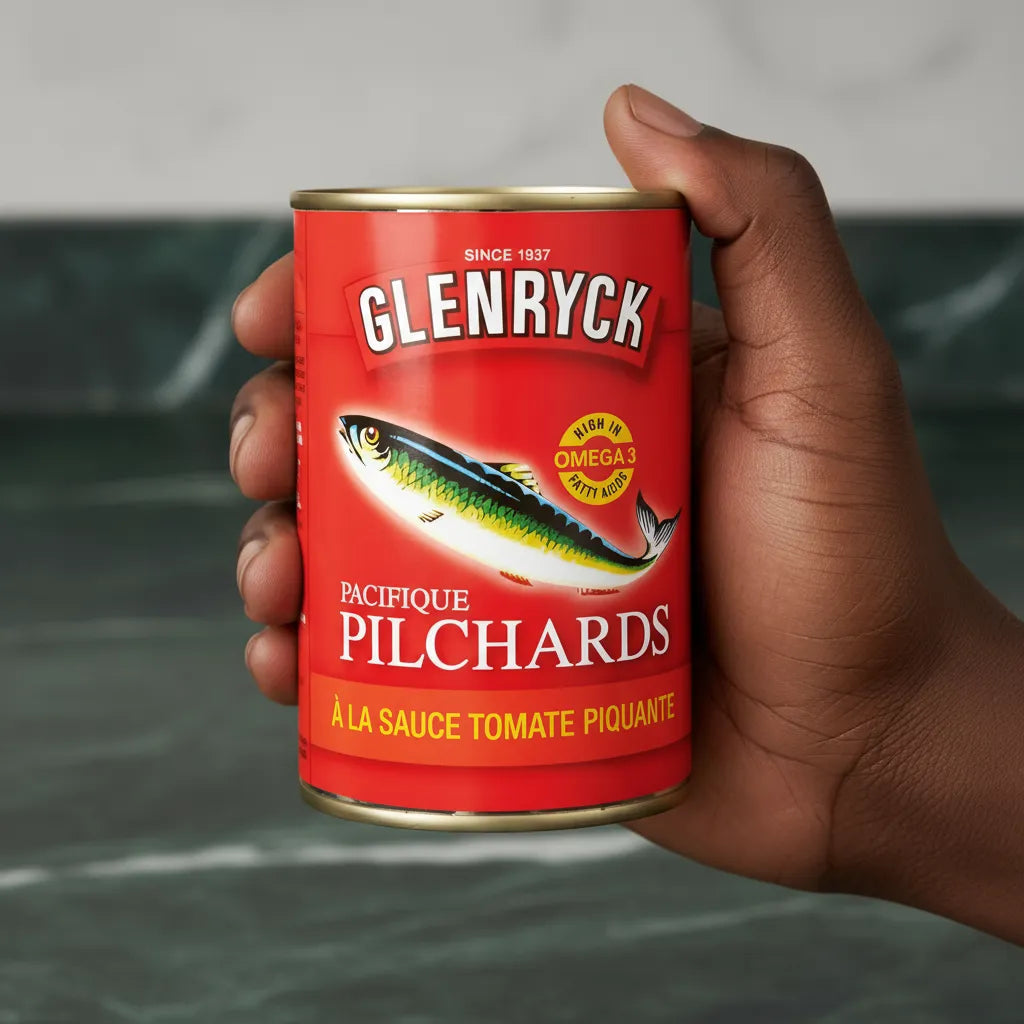 Boîte de sardines Pilchard GLENRYCK tenue en main, mettant en avant la sauce tomate piquante et la richesse en oméga-3. Produit de la mer en conserve.
