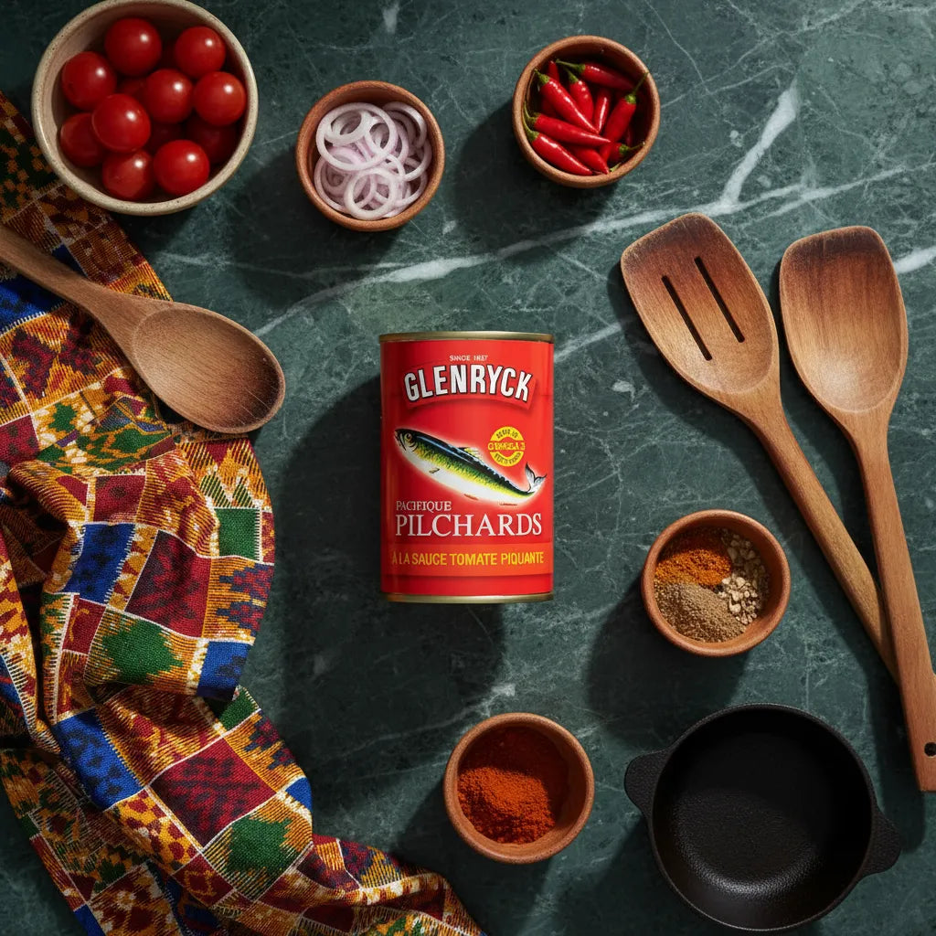 Boîte de sardines Pilchard GLENRYCK entourée d'ingrédients frais et d'épices. Idéal pour cuisiner des plats relevés à base de fruits de mer en conserve.