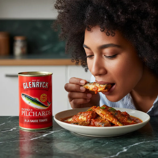 Femme dégustant des sardines Pilchard GLENRYCK à la sauce tomate, parfaites pour un repas savoureux et pratique en cuisine.