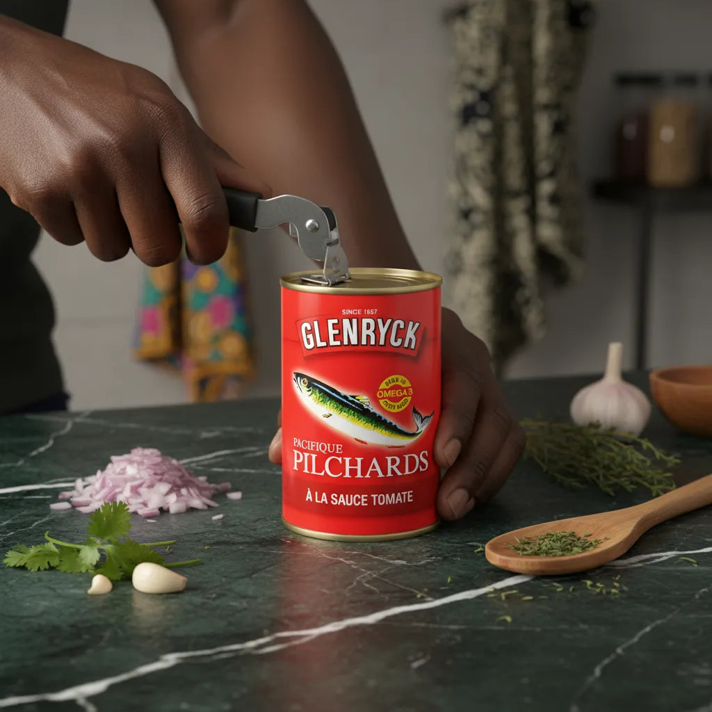 Main ouvrant une boîte de sardines Pilchard GLENRYCK à la sauce tomate, produit pratique pour l'épicerie salée et les plats express.