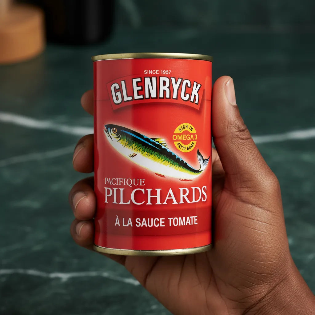 Main tenant une boîte de sardines Pilchard GLENRYCK à la sauce tomate, produit de qualité riche en oméga 3 pour vos repas quotidiens.