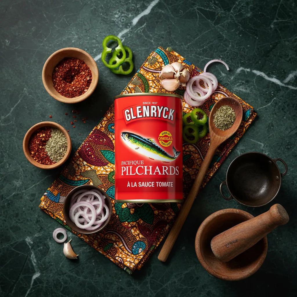 Boîte de sardines Pilchard GLENRYCK à la sauce tomate entourée d'ingrédients frais, idéale pour des recettes maison savoureuses.