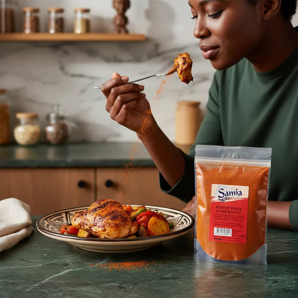 Femme dégustant un plat assaisonné avec le piment doux fumé moulu SAMIA, épice savoureuse idéale pour viandes et légumes en cuisine maison.