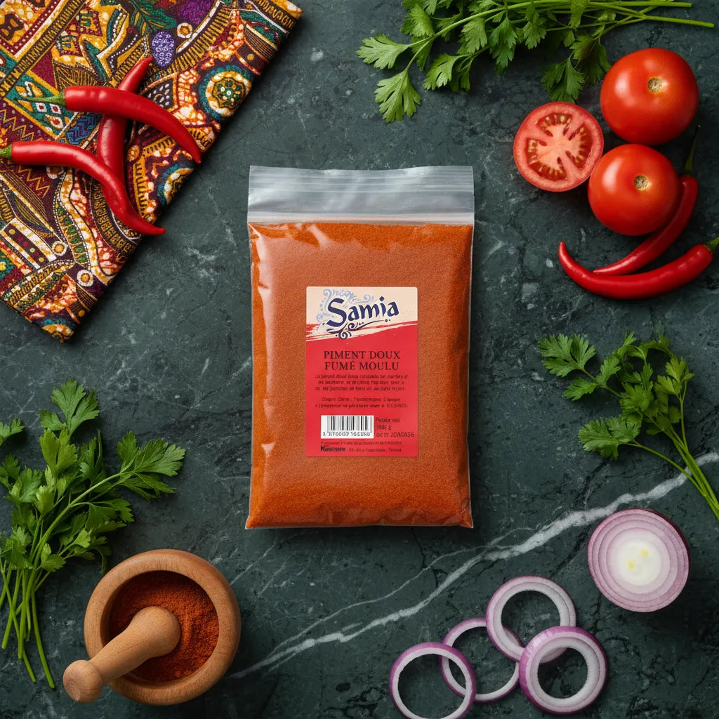Sachet de piment doux fumé moulu SAMIA entouré d’ingrédients frais sur plan de travail, parfait pour relever sauces et plats traditionnels.