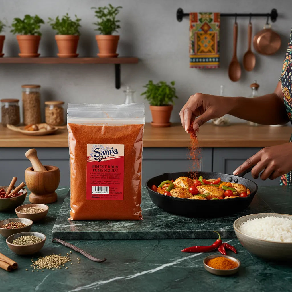 Cuisson de légumes et poulet avec le piment doux fumé moulu SAMIA, épice savoureuse mise en avant dans une cuisine chaleureuse et épicée.