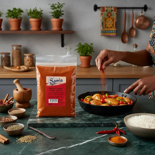 Cuisson de légumes et poulet avec le piment doux fumé moulu SAMIA, épice savoureuse mise en avant dans une cuisine chaleureuse et épicée.