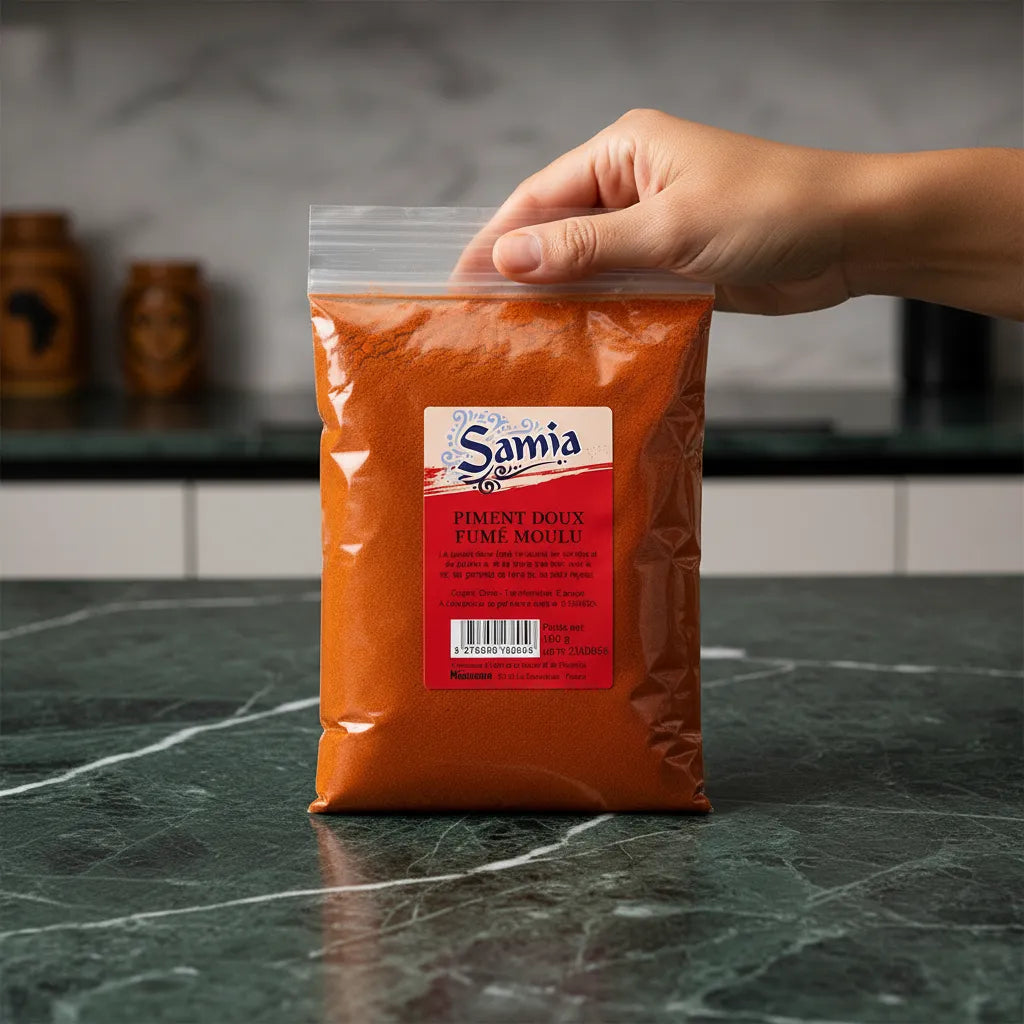 Main tenant un sachet de piment doux fumé moulu SAMIA sur plan de travail, idéal pour l’assaisonnement dans l’univers de l’épicerie salée.
