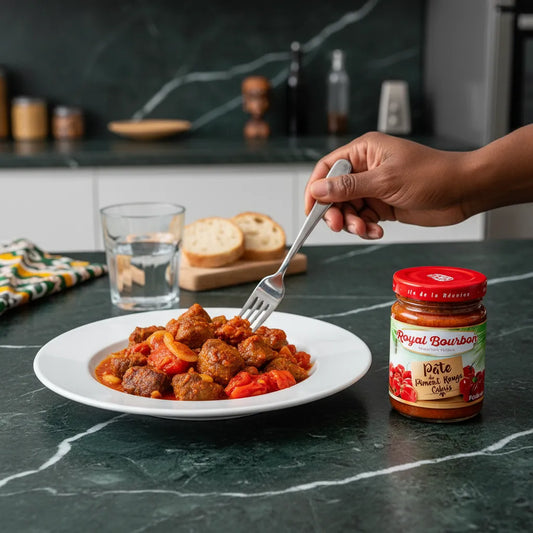 Plat cuisiné accompagné de pâte de piment rouge ROYAL BOURBON - Piment Savoureux, parfait pour relever les plats traditionnels à table.