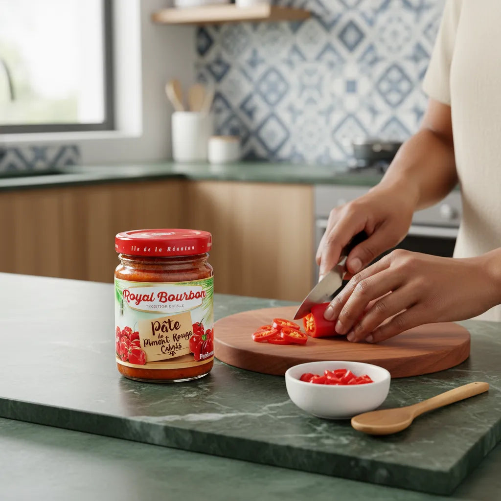 Préparation culinaire avec piment frais et pâte de piment rouge ROYAL BOURBON - Piment Savoureux, pour une touche épicée authentique.