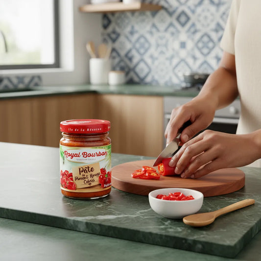 Préparation culinaire avec piment frais et pâte de piment rouge ROYAL BOURBON - Piment Savoureux, pour une touche épicée authentique.