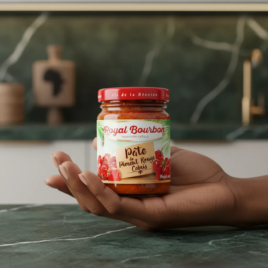 Main tenant un pot de pâte de piment rouge ROYAL BOURBON - Piment Savoureux, condiment créole pour épicer vos plats avec intensité.