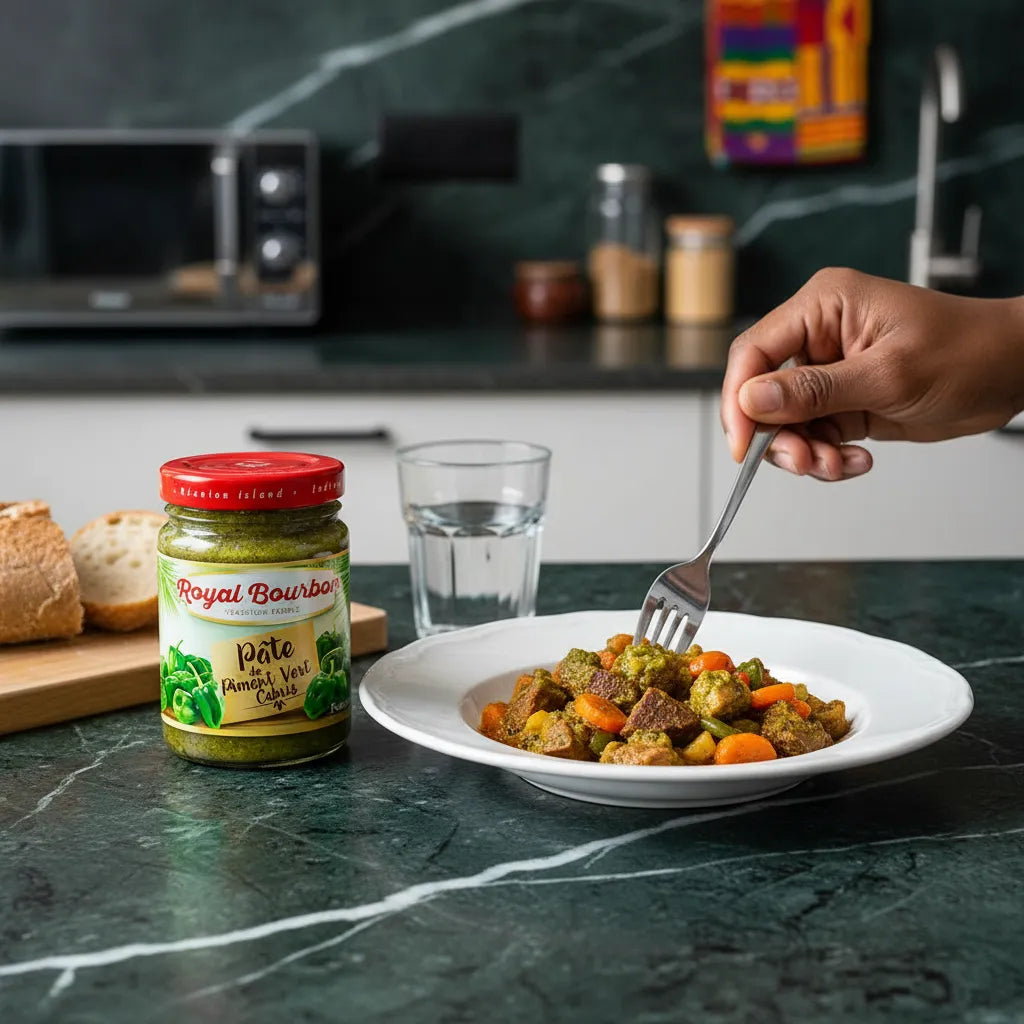 Pot de pâte de piment cabris vert Royal Bourbon posé à côté d’un plat cuisiné, parfait pour relever les repas avec un goût épicé et équilibré.