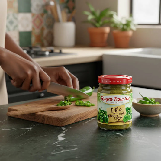 Pot de pâte de piment cabris vert Royal Bourbon sur plan de travail, utilisé pendant la préparation culinaire avec des piments frais tranchés.