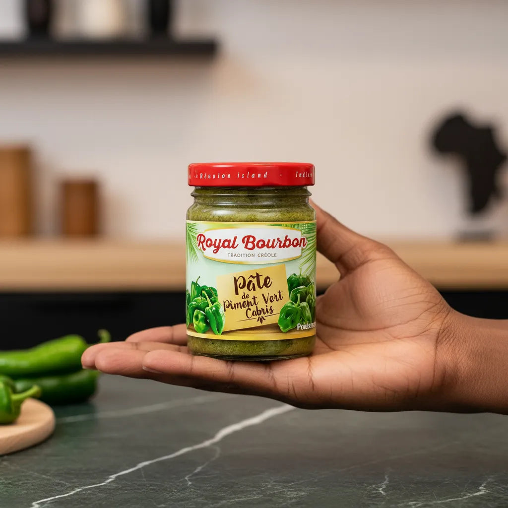 Pot de pâte de piment cabris vert Royal Bourbon tenu dans une main, format pratique pour condiment piquant en épicerie salée.