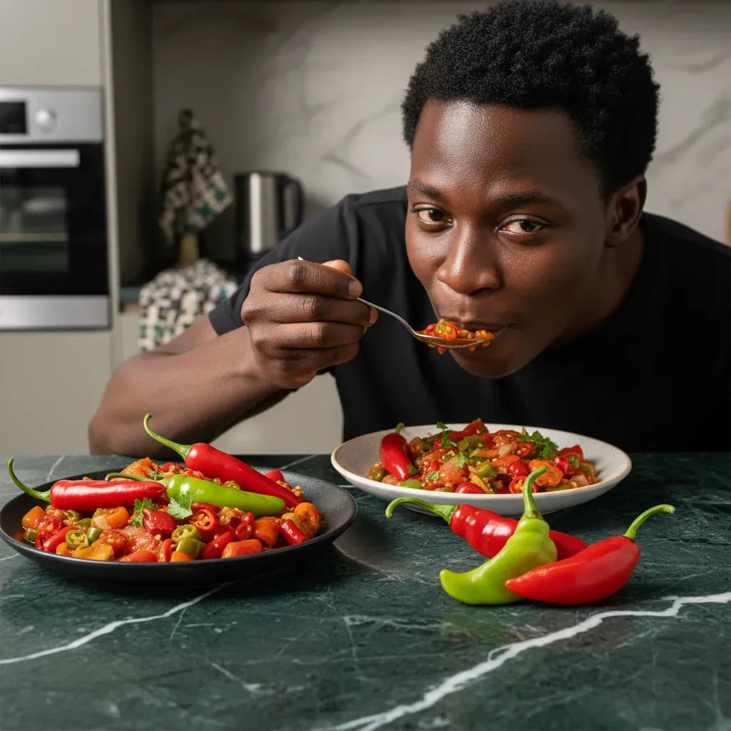 Homme dégustant un plat cuisiné avec piment végétarien frais, légume doux idéal pour recettes savoureuses et équilibrées.