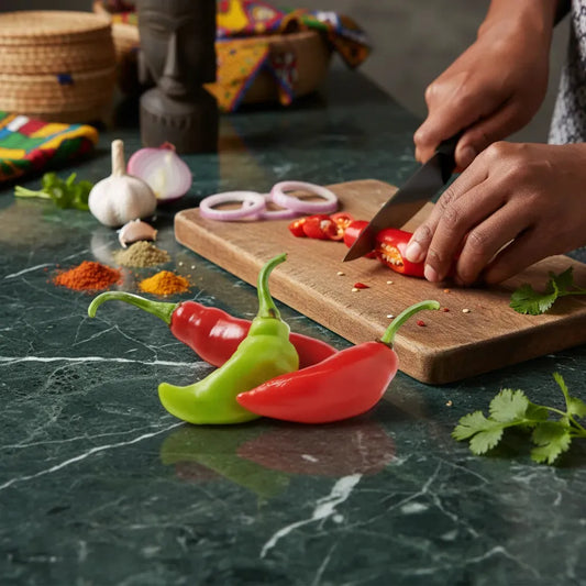 Préparation culinaire avec piment végétarien frais sur planche à découper, accompagné d'épices et d'ingrédients pour une recette savoureuse.