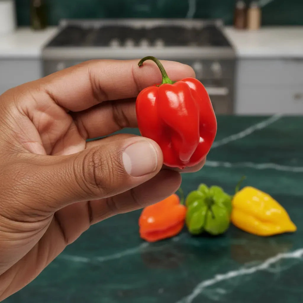 Main tenant un piment antillais rouge surgelé, parfait pour rehausser les recettes avec une touche de chaleur authentique.