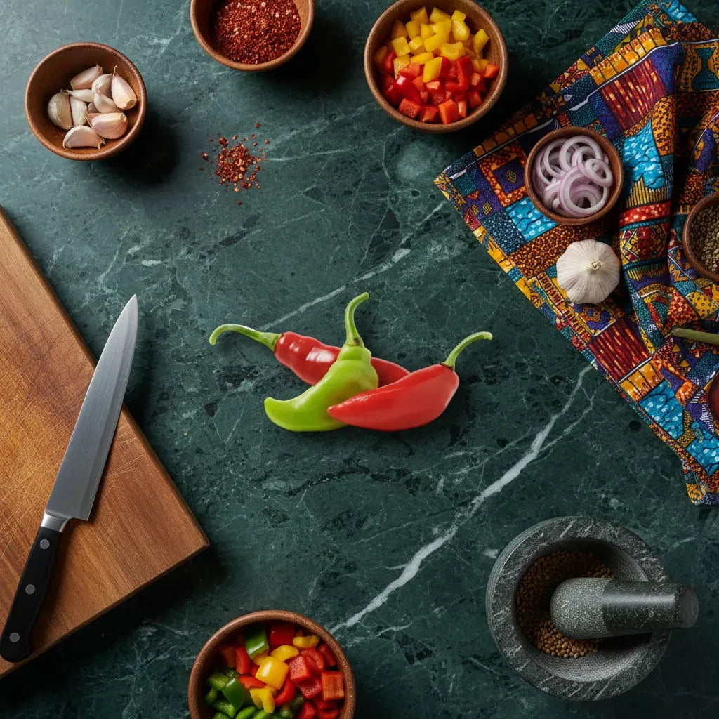 Piments végétariens frais sur plan de travail avec légumes, épices et ustensiles, parfaits pour cuisine maison sans piquant fort.